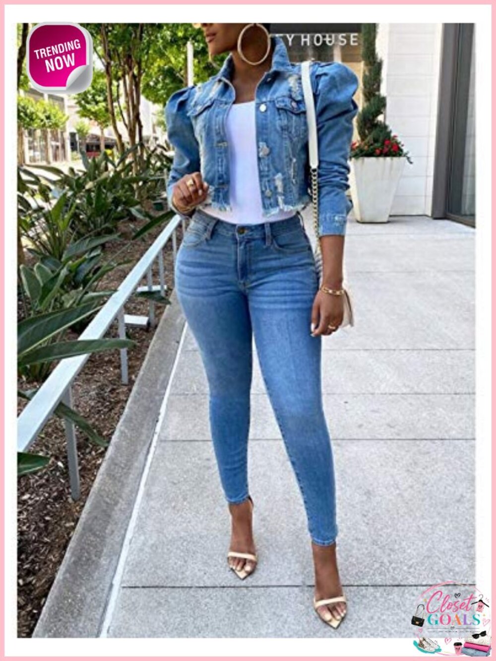 Puff Sleeve Denim Crop Top Frayed Hem Button Down Cotton Jean Jacket - Picture 5 of 6